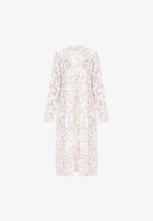 Plavna obleka z dolgimi rokavi iz belega blaga s pisanimi madeži. Ima V-izrez, nabran pas in sproščen kroj.