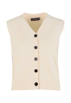 Cardigan senza maniche beige con scollo a V, caratterizzato da quattro bottoni neri sul davanti e texture a costine sull'orlo. Materiale in maglia morbida.