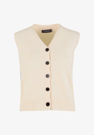 Beige ärmelloser Cardigan mit V-Ausschnitt, versehen mit vier schwarzen Knöpfen vorne und einem gerippten Saum. Aus weichem Strickmaterial.