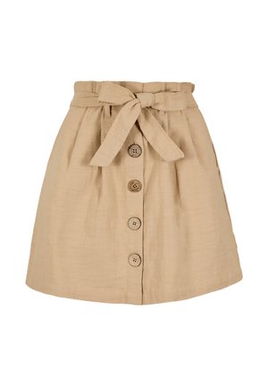 Beige Rock in knielanger Länge aus strukturiertem Stoff, mit tailliertem Bund, vorderen Knöpfen und zwei seitlichen Taschen.