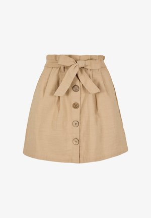 Beige Rock in knielanger Länge aus strukturiertem Stoff, mit tailliertem Bund, vorderen Knöpfen und zwei seitlichen Taschen.