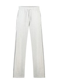 Pantalon de survêtement gris en tissu doux, avec une taille élastique, un cordon de serrage et des bandes latérales noires sur toute la longueur des jambes.