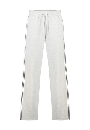 Grijze joggingbroek van zachte stof, voorzien van een elastische tailleband, trekkoord en zwarte strepen aan de zijkant over de lengte van de benen.