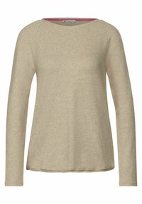 Ljusbeige långärmad topp med mjuk textur. Rund halsringning med en kontrasterande rosa inre kant. Rakt snitt, fållen är något rundad.