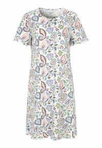 Kortärmad vit klänning med färgglada blommönster och paisleymönster i rosa, blått, grönt och brunt, med rund halsringning och volangkanter.