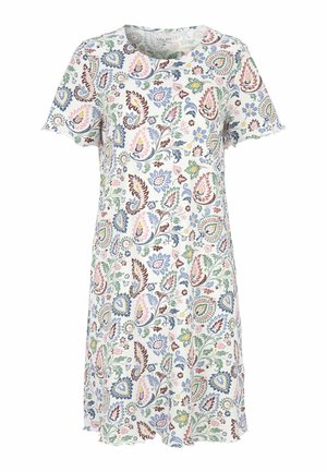 Kortærmet hvid kjole med farverige blomster- og paisleymønstre i pink, blå, grøn og brun, prydet med rund halsudskæring og bølgede kanter.