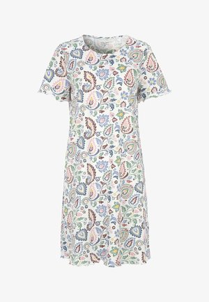 Kortærmet hvid kjole med farverige blomster- og paisleymønstre i pink, blå, grøn og brun, prydet med rund halsudskæring og bølgede kanter.