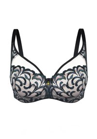 Czarny stanik koronkowy z misternym haftem kwiatowym w odcieniach zieleni, niebieskiego i srebra. Miękka siateczka, wsparcie w postaci fiszbin i regulowane ramiączka.