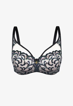 Czarny stanik koronkowy z misternym haftem kwiatowym w odcieniach zieleni, niebieskiego i srebra. Miękka siateczka, wsparcie w postaci fiszbin i regulowane ramiączka.