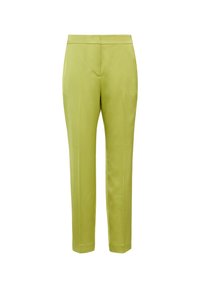 Zielone dopasowane spodnie o gładkiej fakturze, slim fit i prostych nogawkach. Posiadają czysty pas i brak widocznych kieszeni.