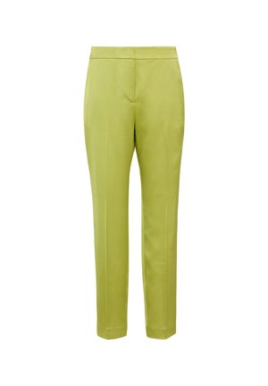 Zielone dopasowane spodnie o gładkiej fakturze, slim fit i prostych nogawkach. Posiadają czysty pas i brak widocznych kieszeni.