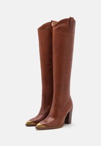 Botas de cuero marrón hasta la rodilla con una punta dorada puntiaguda y un taco definido, que presentan costuras decorativas y un borde superior ligeramente curvado.