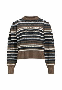 Sweter w paski z prążkowanym okrągłym dekoltem, krótkim krojem i bufiastymi rękawami. Kolory obejmują brązowy, czarny, biały i niebieski. Teksturowany wzór dzianiny.