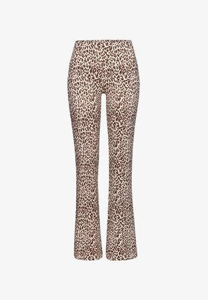 Brown leopard print flared leggings with a high waistband, made from soft fabric, featuring a textured pattern throughout.