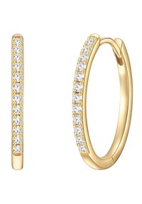 Guldörhängen med en smal design och en rad av små klara stenar satta i en rak linje längs den främre kanten.