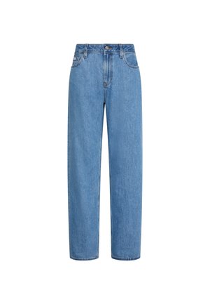 Straight-leg blå denim jeans med høj talje, frontknap og lommer, vist mod en hvid baggrund.