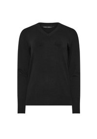 Schwarzer, langärmeliger V-Ausschnitt-Pullover mit gerippten Bündchen und Saum, auf einem weißen Hintergrund ohne Muster oder Logos präsentiert.