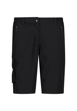 Svarta cargo-shorts tillverkade av lätt och ventilerande tyg. Har flera fickor, knappstängning och en rak ben-design.