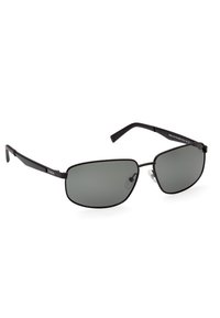 Gafas de sol con forma rectangular, montura de metal negro, lentes polarizados grises y almohadillas nasales de silicona para mayor comodidad.