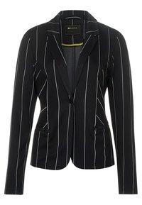 Blazer noir avec des rayures verticales blanches, doté d'un col cranté, de deux poches avant zippées et d'une fermeture à un bouton.