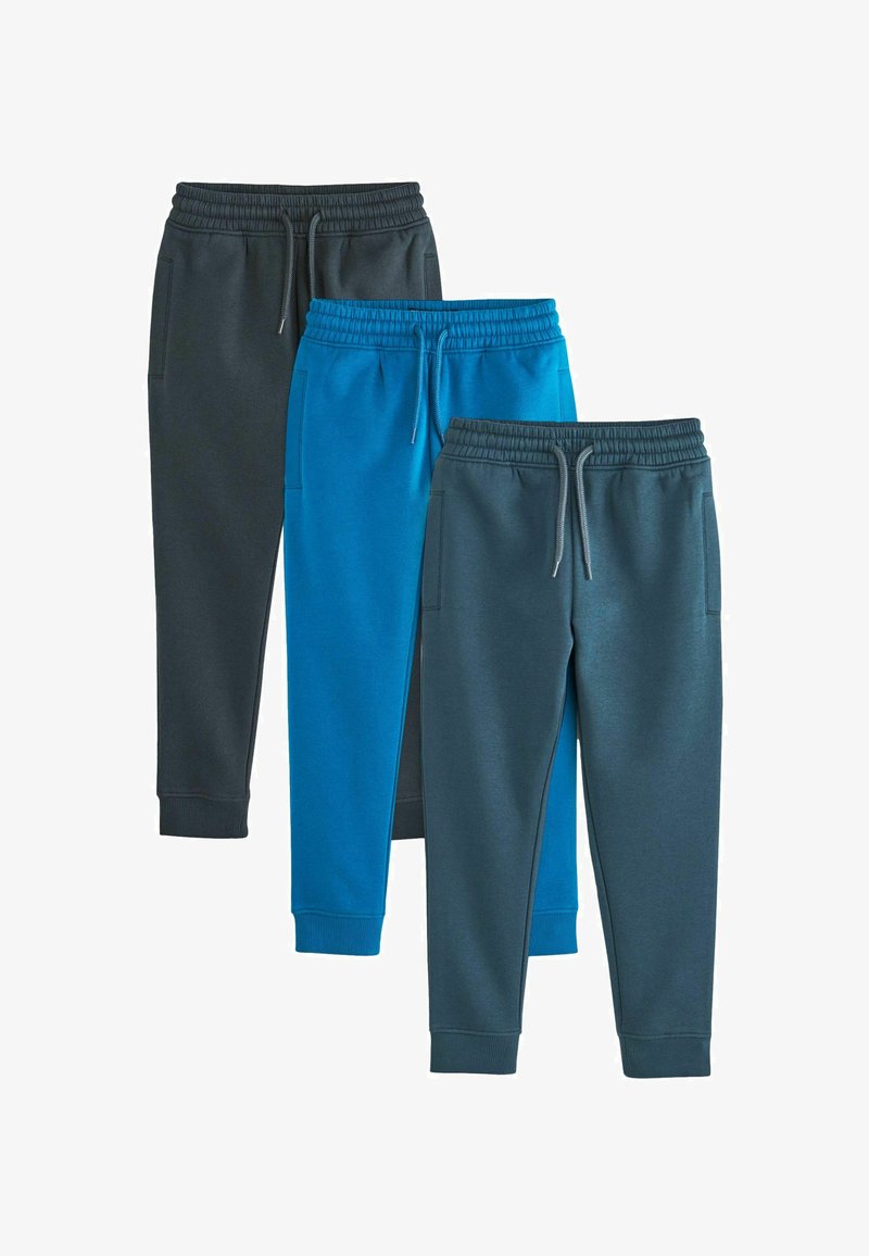 Trois paires de pantalons jogger à taille élastique en noir, bleu vif et bleu sarcelle foncé, disposées côte à côte sur un fond blanc.