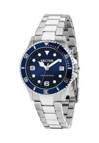 Orologio in acciaio inox argento con quadrante blu, indici bianchi e lunetta unidirezionale graduata. Presenta una finestra per la data.