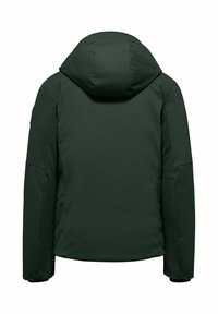 Ciemnozielona kurtka z kapturem o gładkiej fakturze, posiadająca regularny krój i bezszwowe ramiona. Widok z tyłu nie pokazuje widocznych logo ani detali.