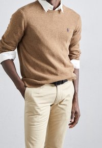 Pull en maille marron avec un col rond, doté d'un petit logo bleu. Associé à un pantalon de couleur crème et une chemise blanche à col en dessous.