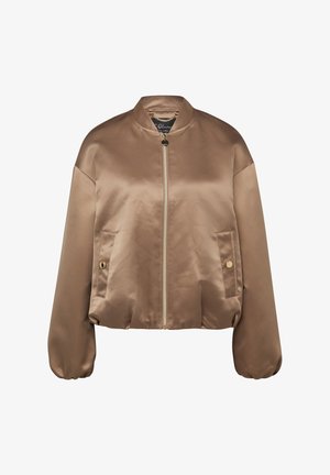 Hellbraune Satin-Bomberjacke mit Frontreißverschluss, zwei Seitentaschen mit Knopf, elastischen Bündchen und rundem Kragen mit Kettendetail.