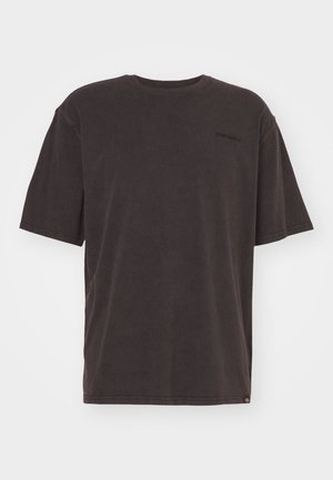 Dark gray cotton t-shirt with a crew neck, short sleeves, and a logo detail on the upper left. Soft texture with a relaxed fit.