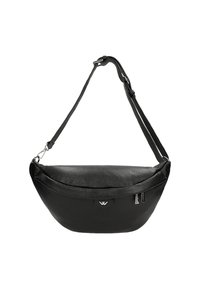 Borsa in pelle nera con forma arrotondata, texture liscia, tracolla regolabile e logo discreto sulla parte frontale. Chiusura con zip.