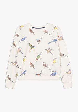 Flødefarvet sweatshirt med lange ærmer med farverige fugleillustrationer spredt ud over stoffet og lille sort mærketekst nær kanten.