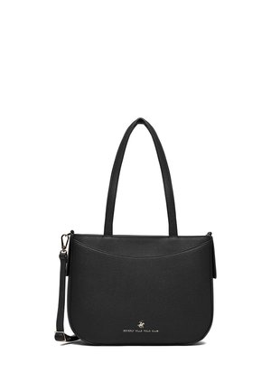 Černá taška přes rameno Beverly Hills Polo Club se dvěma uchy a odnímatelným crossbody popruhem na bílém pozadí.
