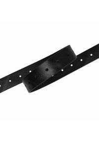 Schwarzer Leder Gürtel mit glatter Oberfläche und mehreren gleichmäßig verteilten Löchern. Der Gürtel ist flach und rollt an einem Ende leicht.