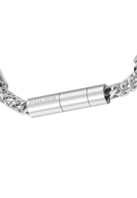 Bracciale in argento con maglie intrecciate, chiusura cilindrica inciso con "POLICE" e finitura metallica lucida.