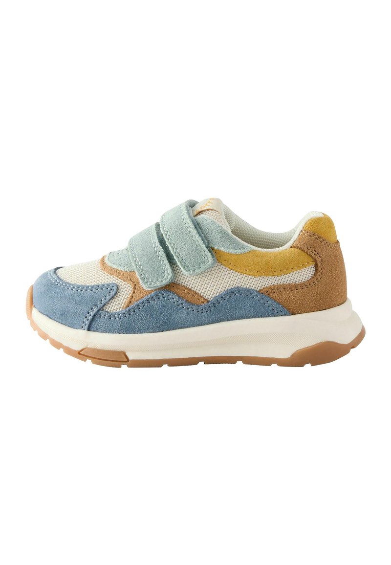 Velcro sneaker in blue, tan, and green suede with mesh sections and a white midsole. Features a textured rubber outsole for grip.
