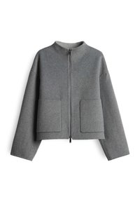Veste en laine grise zippée avec manches longues, deux grandes poches avant et col rond, présentée sur fond blanc.