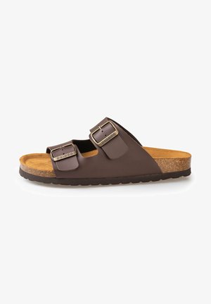 Braune Schlupfsandale mit zwei verstellbaren Schnallen, Korkfußbett und strukturiertem Gummisohle. Sie verfügt über ein glattes Synthetik-Obermaterial und eine beige Innensohle.