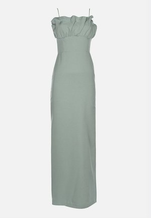 Langes, hellgrünes, ärmelloses Kleid mit dünnen Trägern und gerafften Details am Brustbereich, tailliertem Bund und geradem Rock.