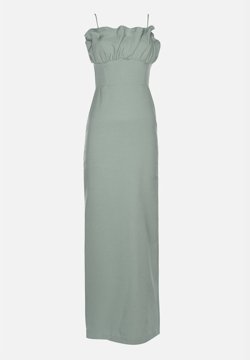 Robe longue vert clair sans manches avec fines bretelles et détails froncés au niveau de la poitrine, taille cintrée et jupe droite.
