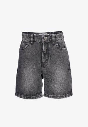 Sorte denim shorts med høj talje, der har fem lommer, knaplukning og en let falmet tekstur. Veldesignet og midt-til-lår længde.