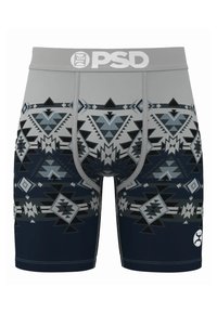 Moške bokser hlačke s sivim pasom. Na njih je geometrijski vzorec v temno modri, sivi in črni barvi. Izdelane so iz raztegljivega blaga za udobje.