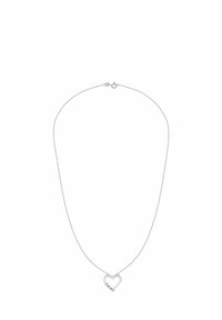 Strieborný reťazový náhrdelník s príveskom v tvare srdca s hladkým povrchom a malými vsadenými kryštálmi pre oživenie detailov.