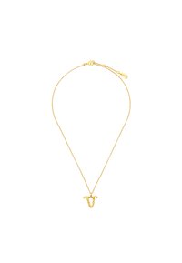 Złoty metalowy naszyjnik z cienkim łańcuszkiem i unikalnym wisiorkiem w kształcie stylizowanego obiektu, charakteryzującym się gładkimi liniami i wypolerowanym wykończeniem.