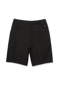 Schwarze Cargo-Shorts aus leichtem Material, mit mehreren Taschen und einem flachen Frontdesign. Mit stikchnetten Details und logo Akzent.