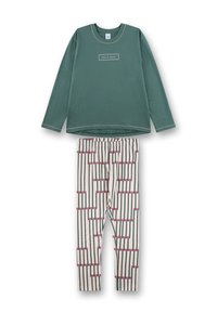 Groene lange-mouwen top met de tekst "less is more" en beige leggings met verticale strepen en roze accenten. Zacht katoenmateriaal.