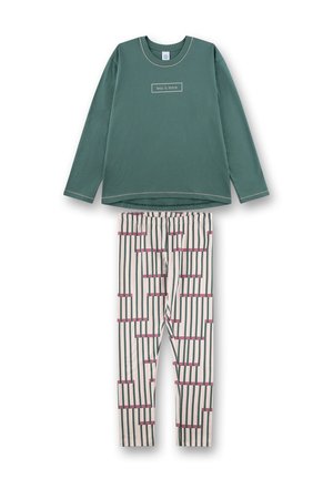 Grünes langärmliges Oberteil mit dem Text "Weniger ist mehr" und beigen Leggings mit vertikalen Streifen und rosa Akzenten. Weiches Baumwollmaterial.