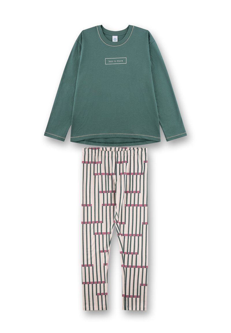 Groene lange-mouwen top met de tekst "less is more" en beige leggings met verticale strepen en roze accenten. Zacht katoenmateriaal.