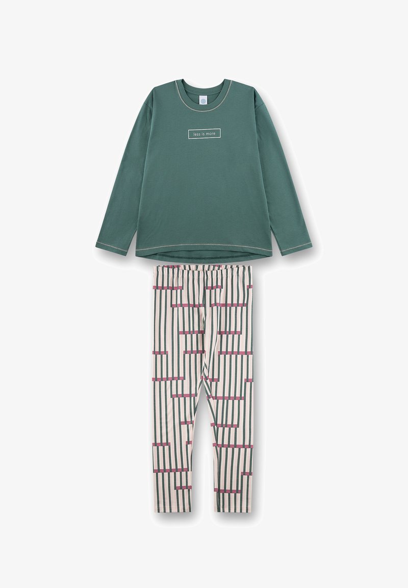 Groene lange-mouwen top met de tekst "less is more" en beige leggings met verticale strepen en roze accenten. Zacht katoenmateriaal.