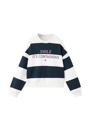 Sweat-shirt à manches longues avec larges rayures noires et blanches et texte rose disant "SMILE IT'S CONTAGIOUS" avec un petit cœur en dessous.
